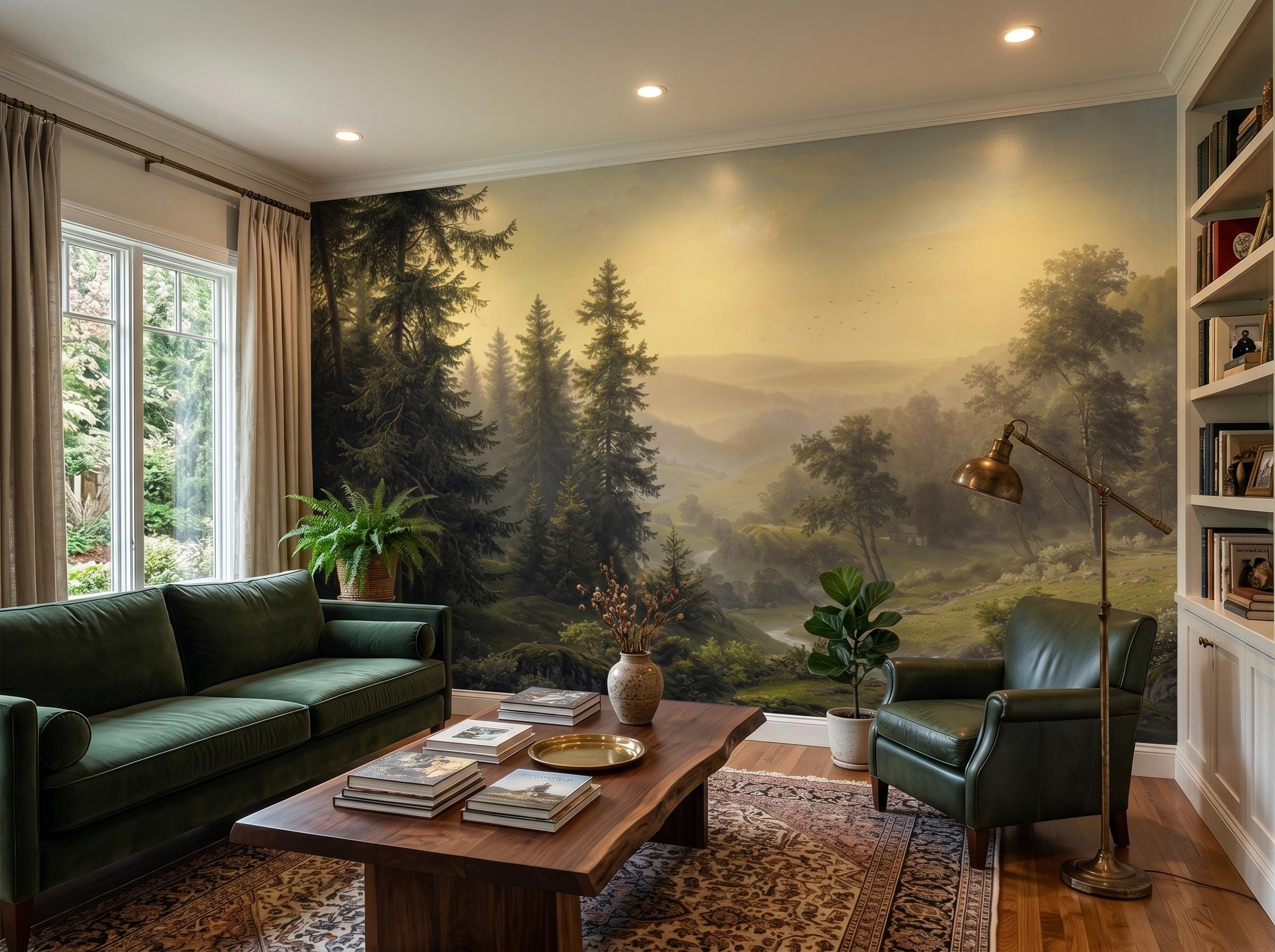 Forest Landscape Wall Mural, Watercolor Trees, Rustic Classical Wallpaper (Custom Size)