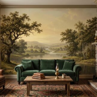 Forest Landscape Wall Mural, Antique Painting Style Wallpaper, Rustic Lake Decor