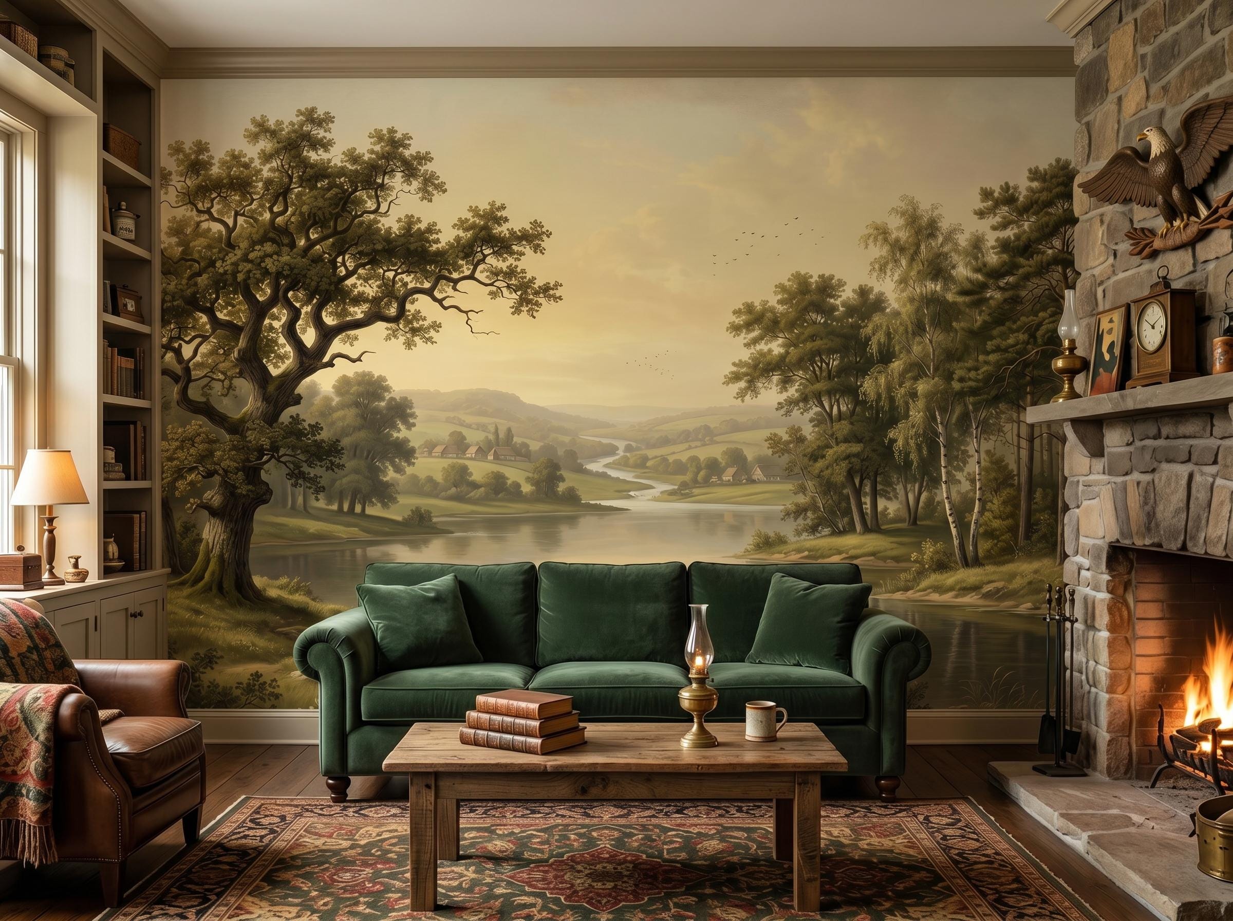 Forest Landscape Wall Mural, Antique Painting Style Wallpaper, Rustic Lake Decor