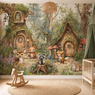 Whimsical Woodland Forest Wallpaper Fairytale Animal Wall Mural Enchanted Forest Peel and Stick Custom Size Nursery Decor Kids Room