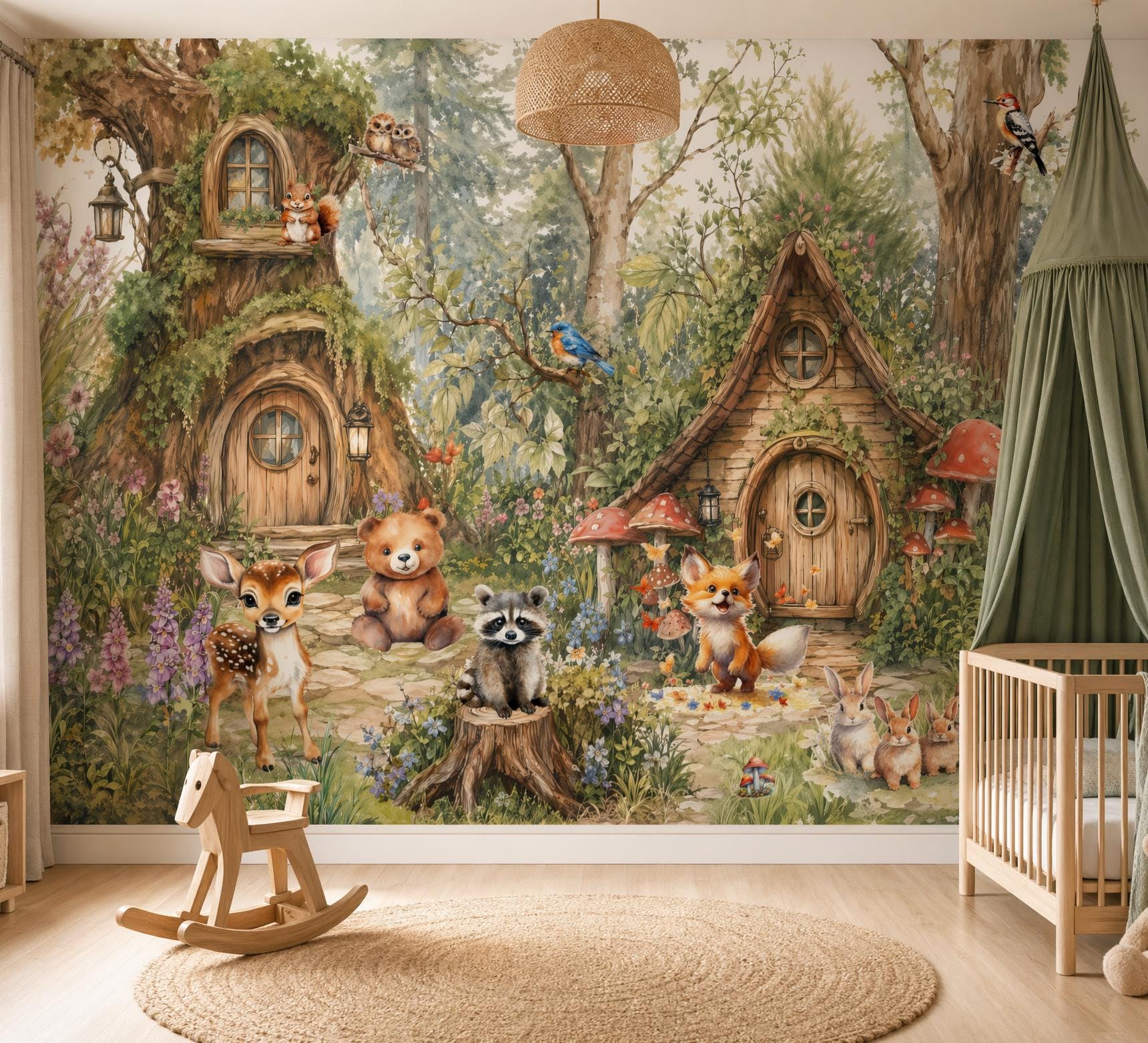 Whimsical Woodland Forest Wallpaper Fairytale Animal Wall Mural Enchanted Forest Peel and Stick Custom Size Nursery Decor Kids Room
