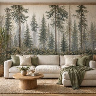 Misty Pine Forest Wall Mural Landscape Wallpaper with filing and sticking Bedroom and living room decoration.