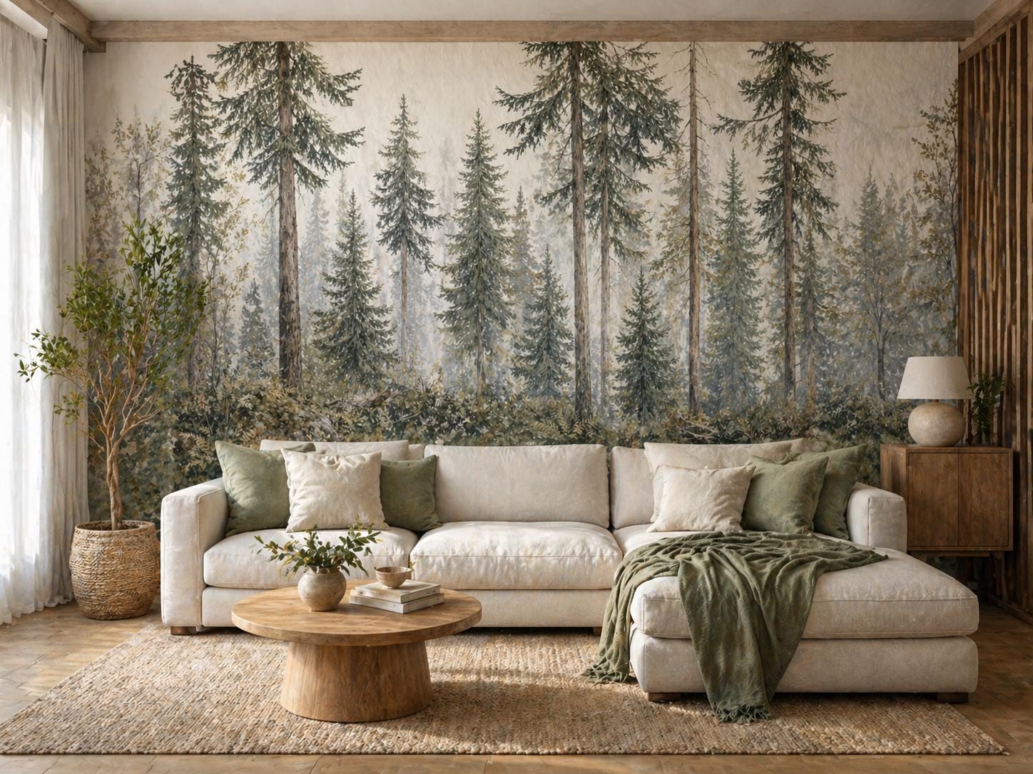 Misty Pine Forest Wall Mural Landscape Wallpaper with filing and sticking Bedroom and living room decoration.