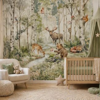 Woodland Animals Wallpaper - Peel and Stick Nursery Mural | Forest Trees, Kids Wall Decor Watercolor custom made