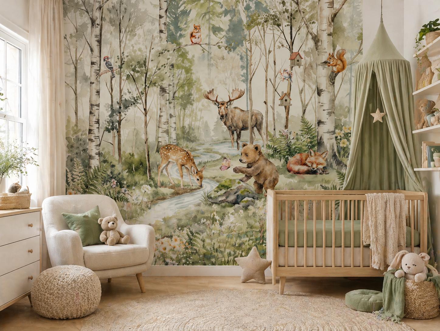 Woodland Animals Wallpaper - Peel and Stick Nursery Mural | Forest Trees, Kids Wall Decor Watercolor custom made