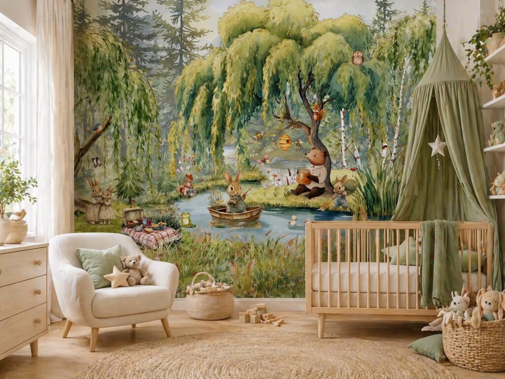 Woodland Nursery Wall Mural Forest Animals Wallpaper Peel and Stick or Non Woven Custom Baby Room Decor bunny rabbit