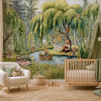 Woodland Nursery Wall Mural Forest Animals Wallpaper Peel and Stick or Non Woven Custom Baby Room Decor bunny rabbit