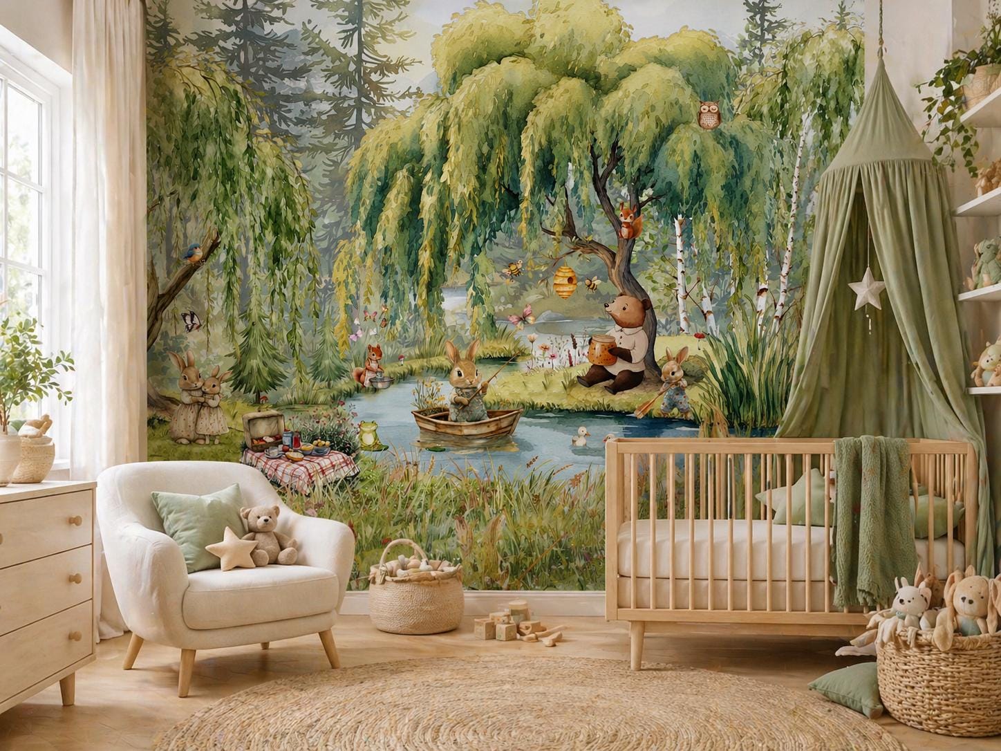 Woodland Nursery Wall Mural Forest Animals Wallpaper Peel and Stick or Non Woven Custom Baby Room Decor bunny rabbit