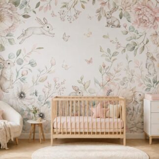 Nursery Wallpaper Rabbit Floral Mural Custom Size Baby Room Decor Boho Neutral Bunny Wall Art Personalized