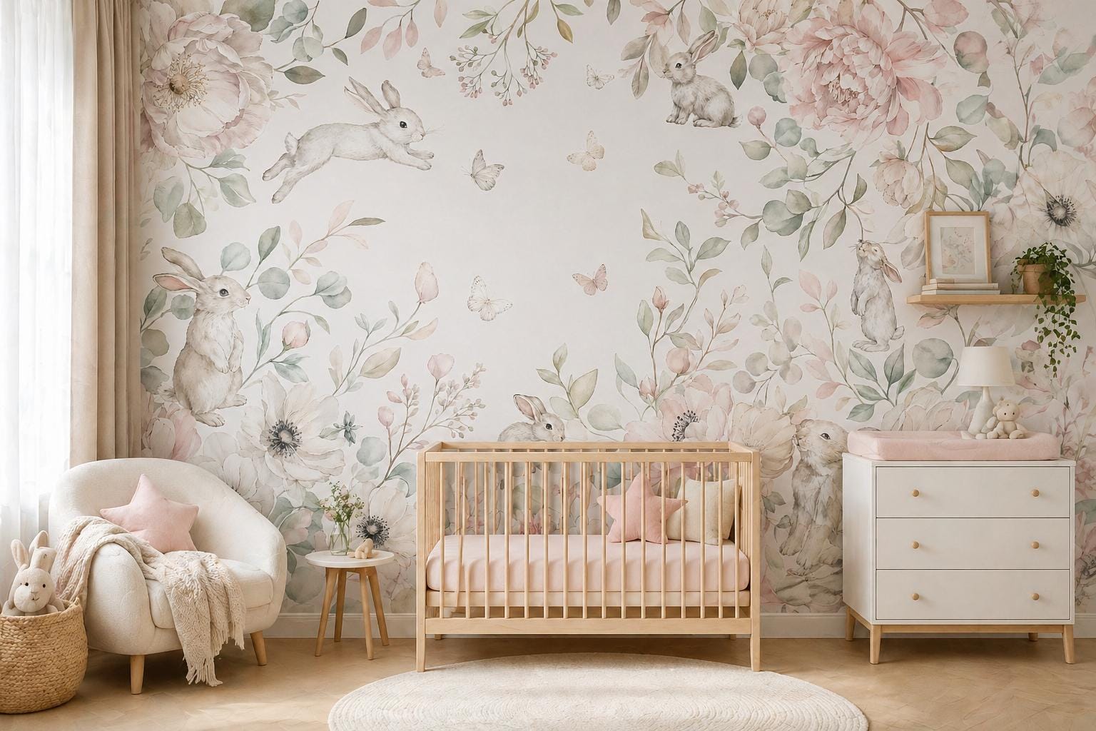 Nursery Wallpaper Rabbit Floral Mural Custom Size Baby Room Decor Boho Neutral Bunny Wall Art Personalized
