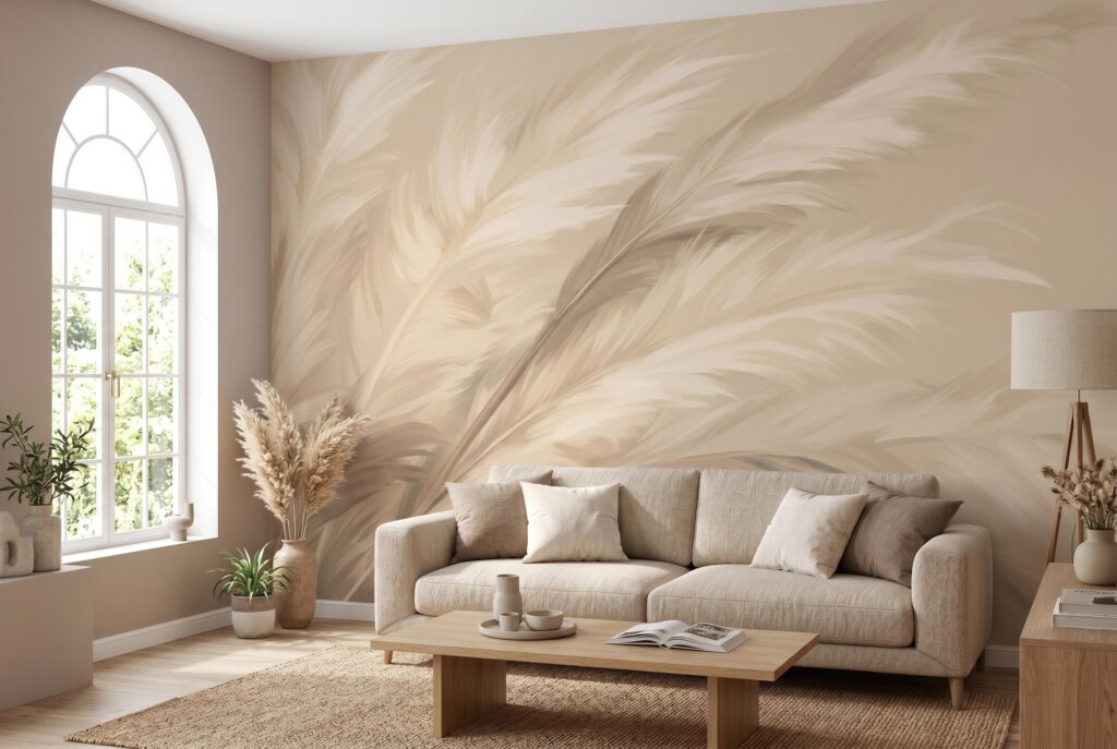 Beige Feather Wall Mural - Large Pampas Grass Wallpaper, Neutral Boho Wall Decor, Custom Size Peel and Stick Wallpaper, Removable Wall Decal