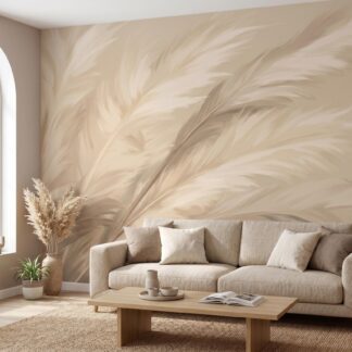 Beige Feather Wall Mural - Large Pampas Grass Wallpaper, Neutral Boho Wall Decor, Custom Size Peel and Stick Wallpaper, Removable Wall Decal