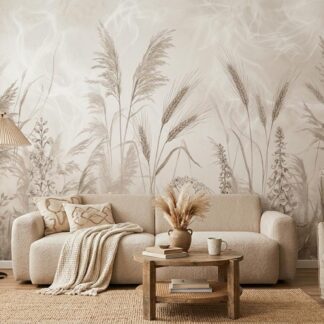Beige Pampas Grass Wall Mural - Abstract Landscape Wallpaper, Neutral Boho Living Room Decor, Custom Size Peel and Stick, Removable