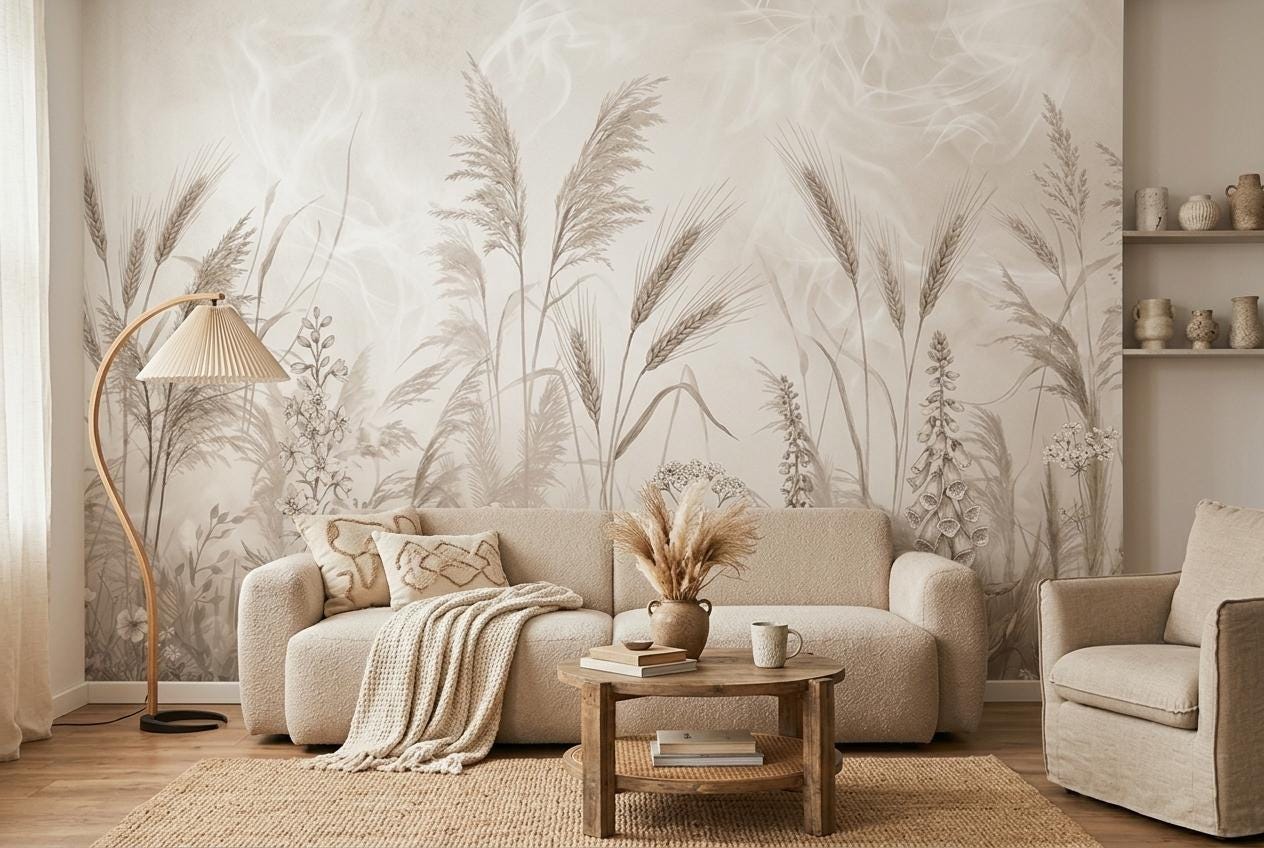 Beige Pampas Grass Wall Mural - Abstract Landscape Wallpaper, Neutral Boho Living Room Decor, Custom Size Peel and Stick, Removable