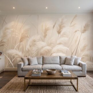 Beige Pampas Grass Wall Mural - Abstract Landscape Wallpaper, Neutral Boho Living Room Decor, Custom Size Peel and Stick, Removable