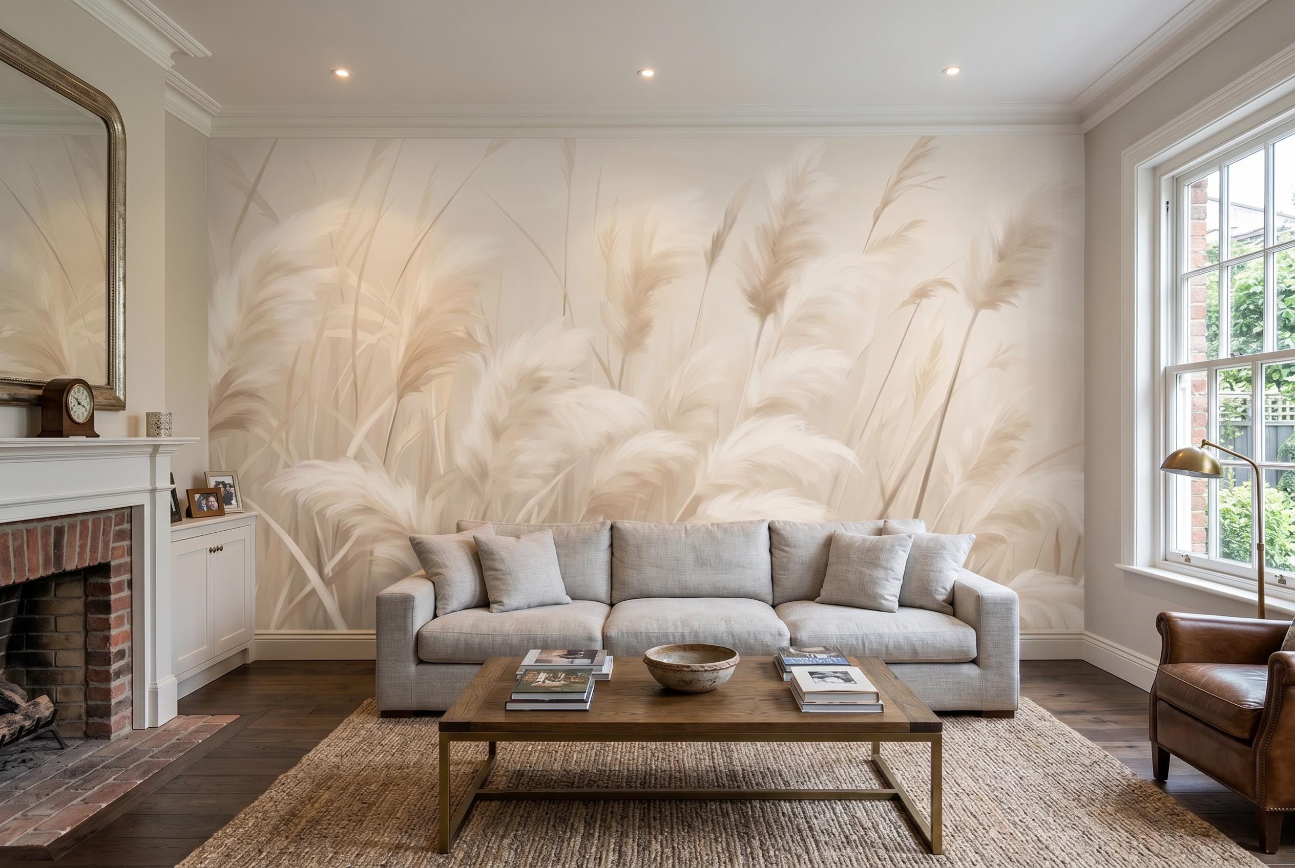 Beige Pampas Grass Wall Mural - Abstract Landscape Wallpaper, Neutral Boho Living Room Decor, Custom Size Peel and Stick, Removable