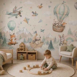 Kids wall mural woodland animals hot air balloons mountains pastel Scandinavian peel and stick