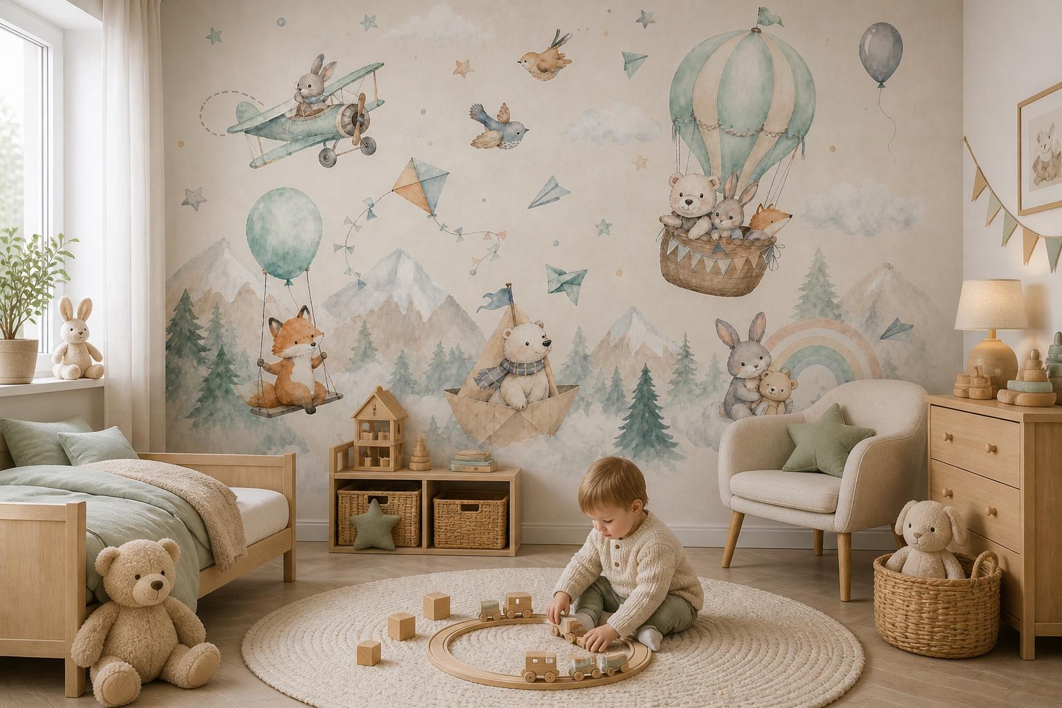 Kids wall mural woodland animals hot air balloons mountains pastel Scandinavian peel and stick