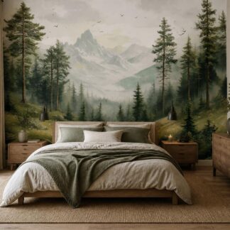Forest Mountain Wallpaper Mural, Peel and Stick or Non-Woven Nature Landscape Wall Decor Bedroom Custom Size Wallpaper