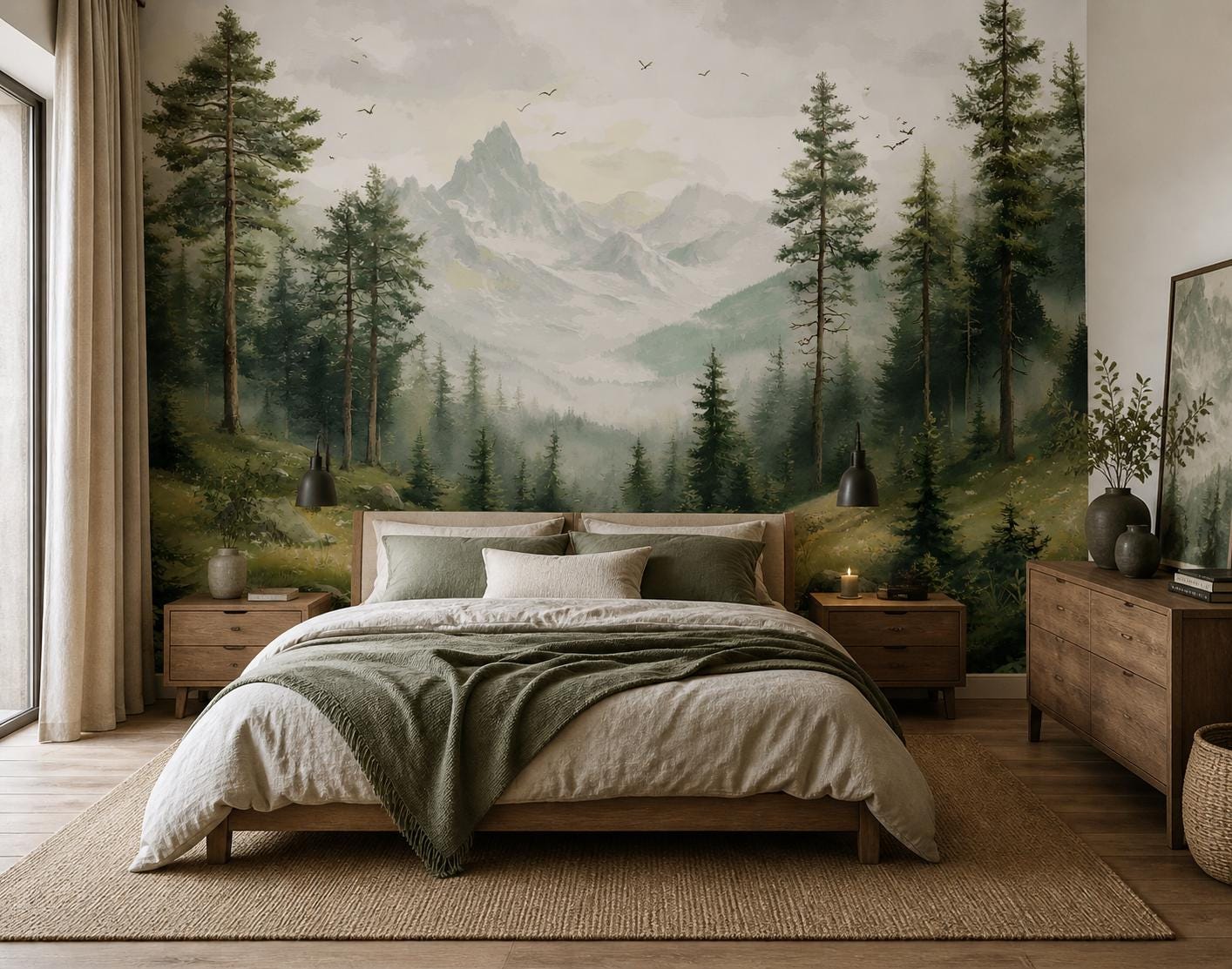Forest Mountain Wallpaper Mural, Peel and Stick or Non-Woven Nature Landscape Wall Decor Bedroom Custom Size Wallpaper