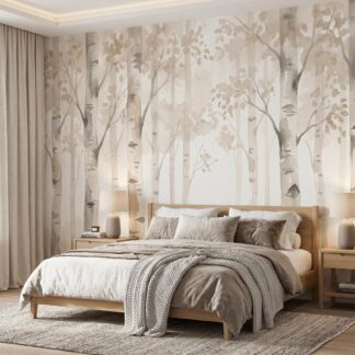 Watercolor Forest Trees Wall Mural, Beige Woodland Boho Wallpaper (Peel and Stick)