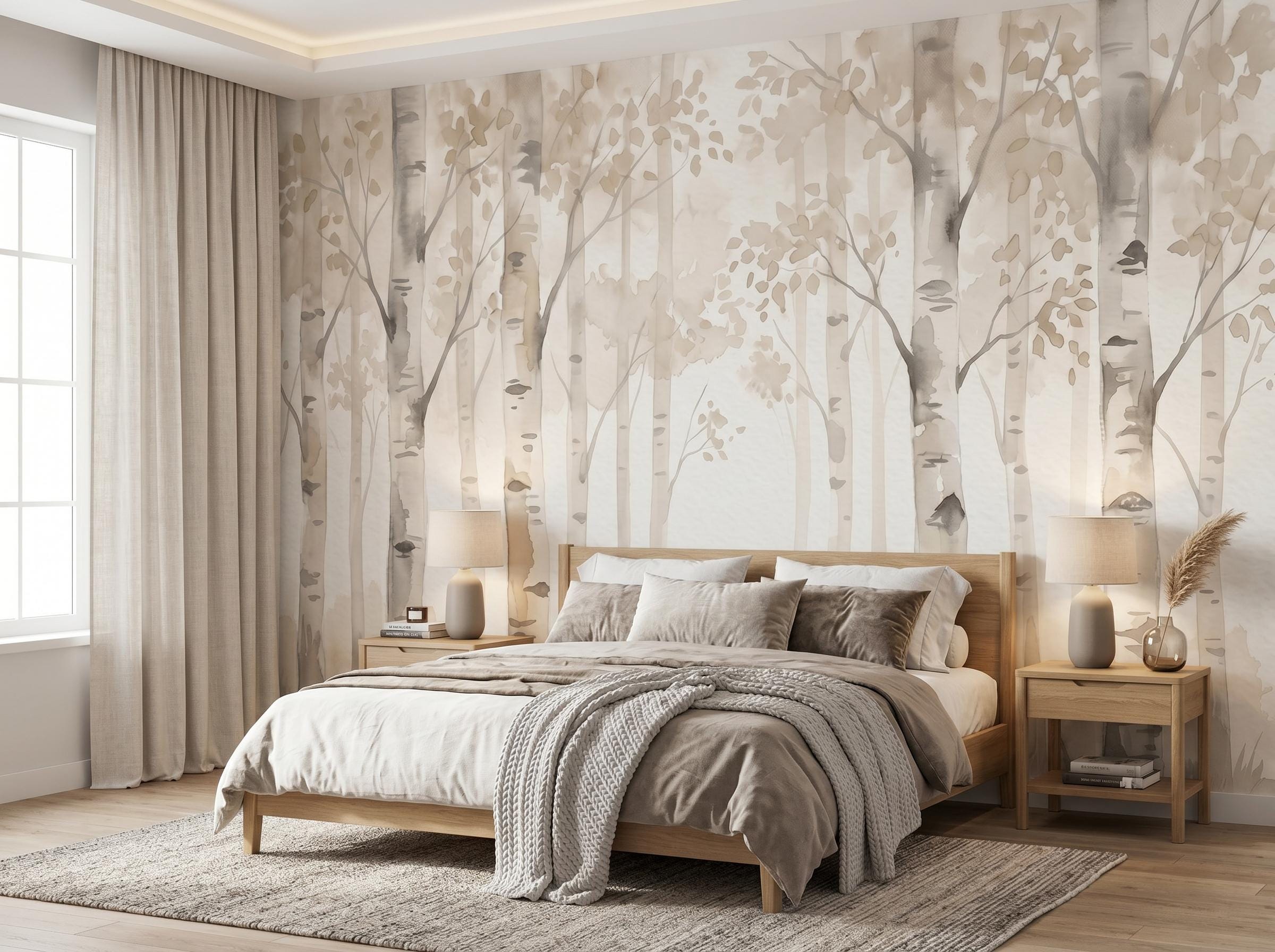 Watercolor Forest Trees Wall Mural, Beige Woodland Boho Wallpaper (Peel and Stick)