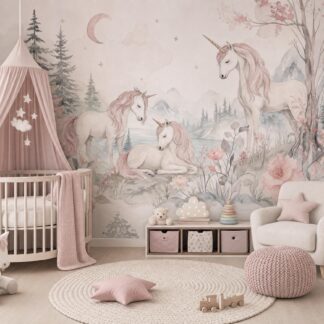 Unicorn Nursery Wallpaper – Pastel Forest Wall Mural for Girls Room, Pink Fantasy Decor, Custom Size