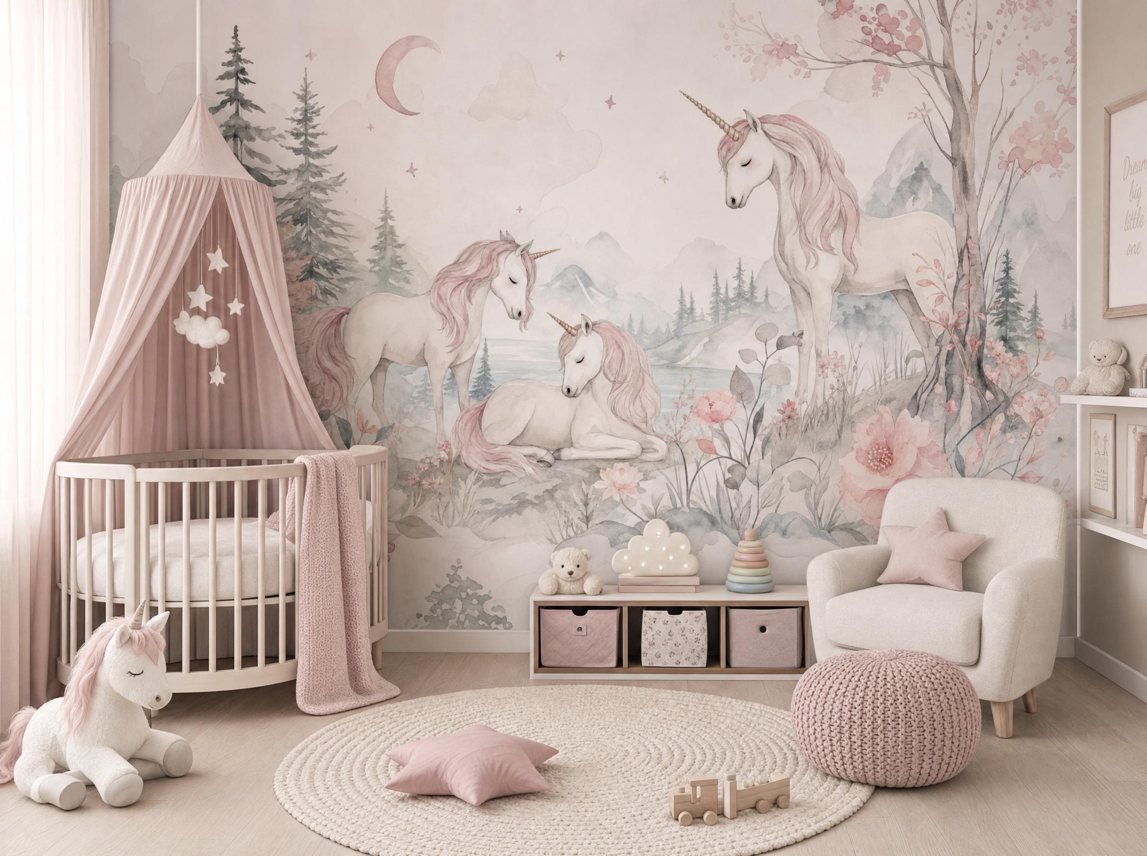 Unicorn Nursery Wallpaper – Pastel Forest Wall Mural for Girls Room, Pink Fantasy Decor, Custom Size