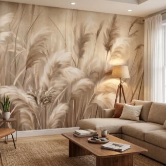 Beige Pampas Grass Wall Mural - Abstract Landscape Wallpaper, Neutral Boho Living Room Decor, Custom Size Peel and Stick, Removable