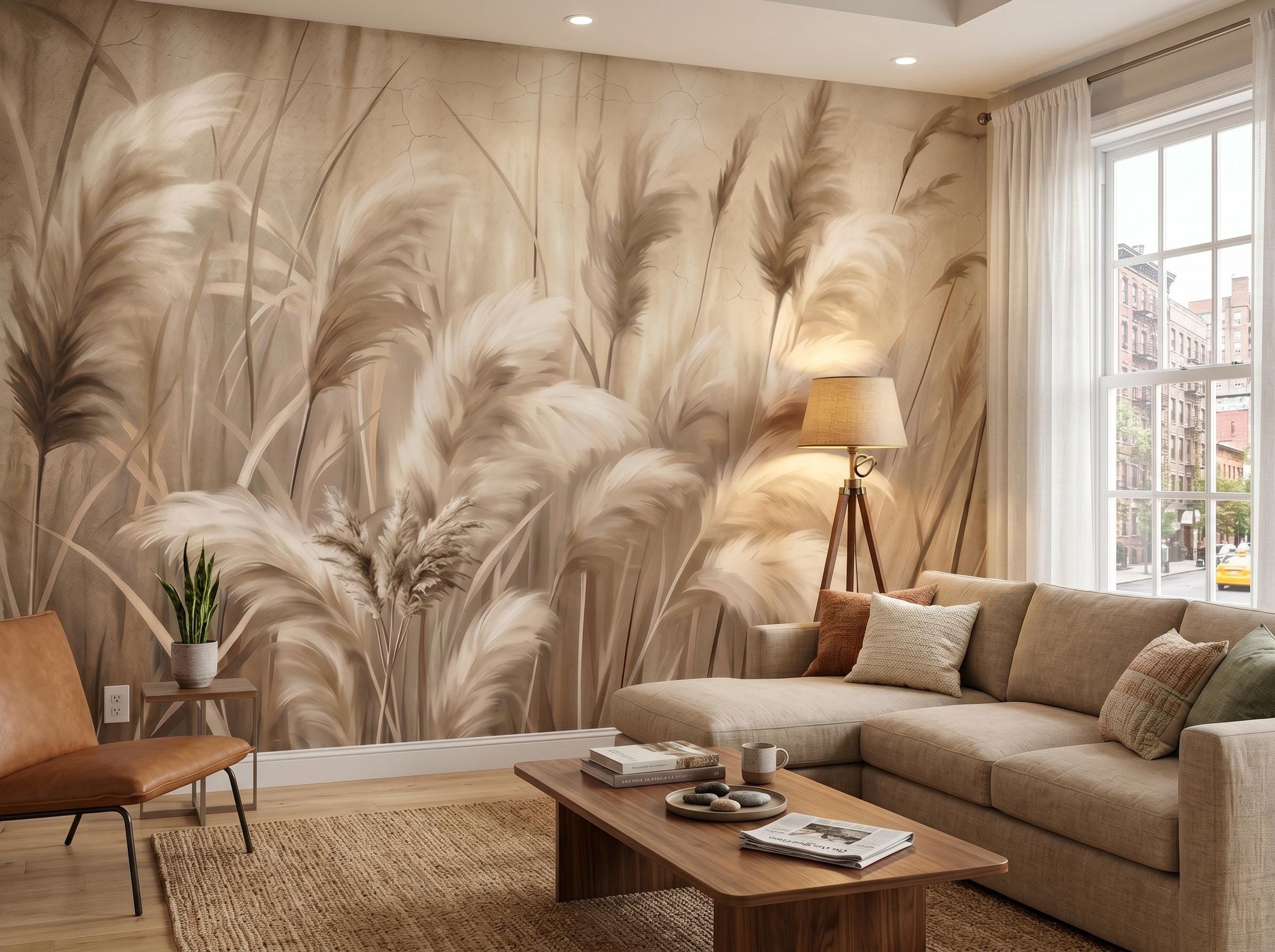 Beige Pampas Grass Wall Mural - Abstract Landscape Wallpaper, Neutral Boho Living Room Decor, Custom Size Peel and Stick, Removable