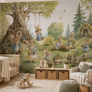 Wall Mural Bunny Garden Whimsical Forest Nursery Cottage Woodland Wallpaper Custom Kids Decor