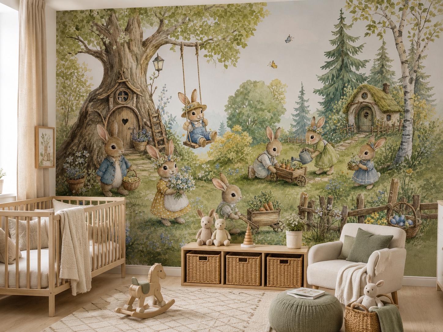 Wall Mural Bunny Garden Whimsical Forest Nursery Cottage Woodland Wallpaper Custom Kids Decor