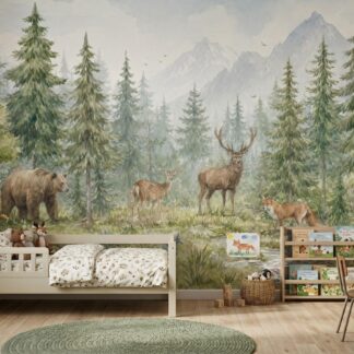 Woodland Animals Wallpaper - Peel and Stick Nursery Mural | Forest Trees, Kids Wall Decor Watercolor custom made Pine tree