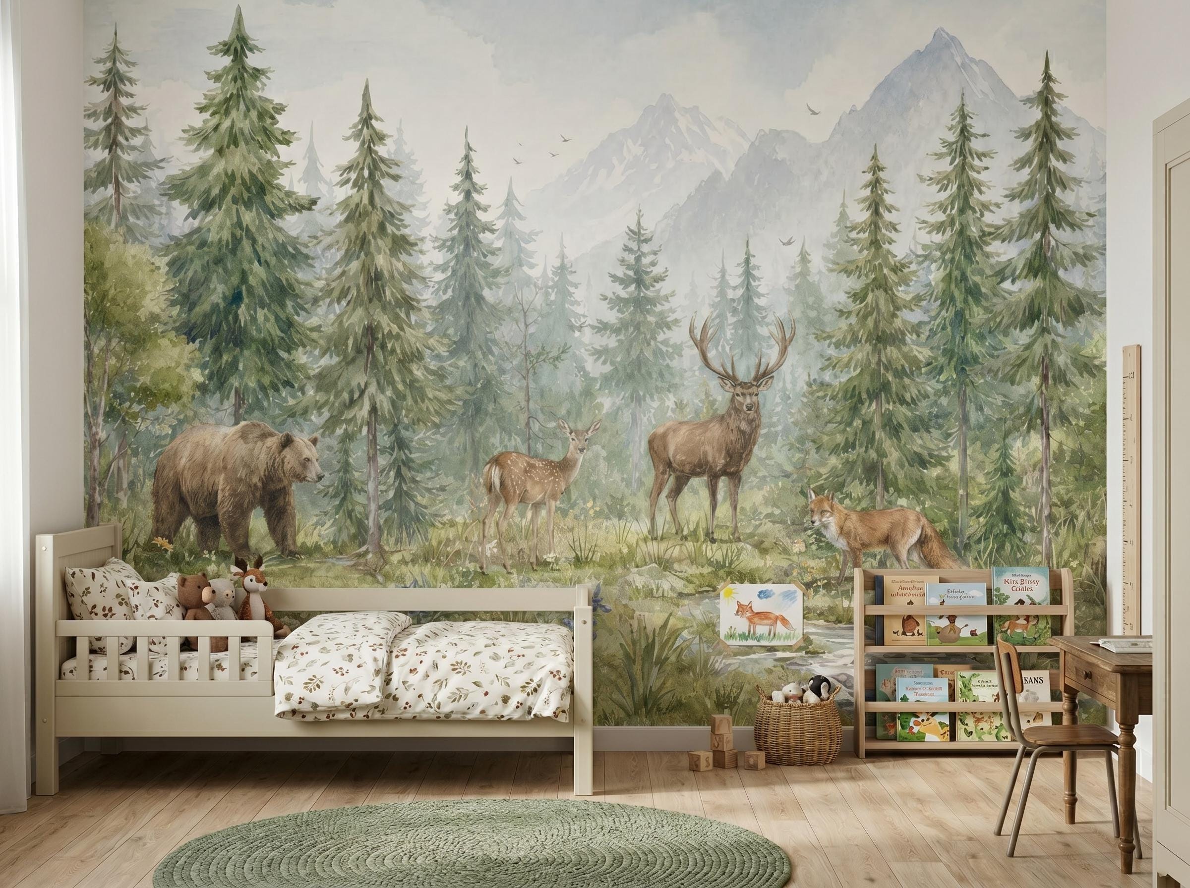 Woodland Animals Wallpaper - Peel and Stick Nursery Mural | Forest Trees, Kids Wall Decor Watercolor custom made Pine tree