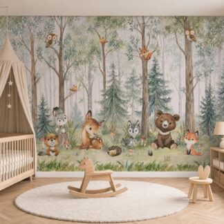 Woodland Animals Nursery Mural – Watercolor Forest Trees, Kids Wall Decor (Peel and Stick)