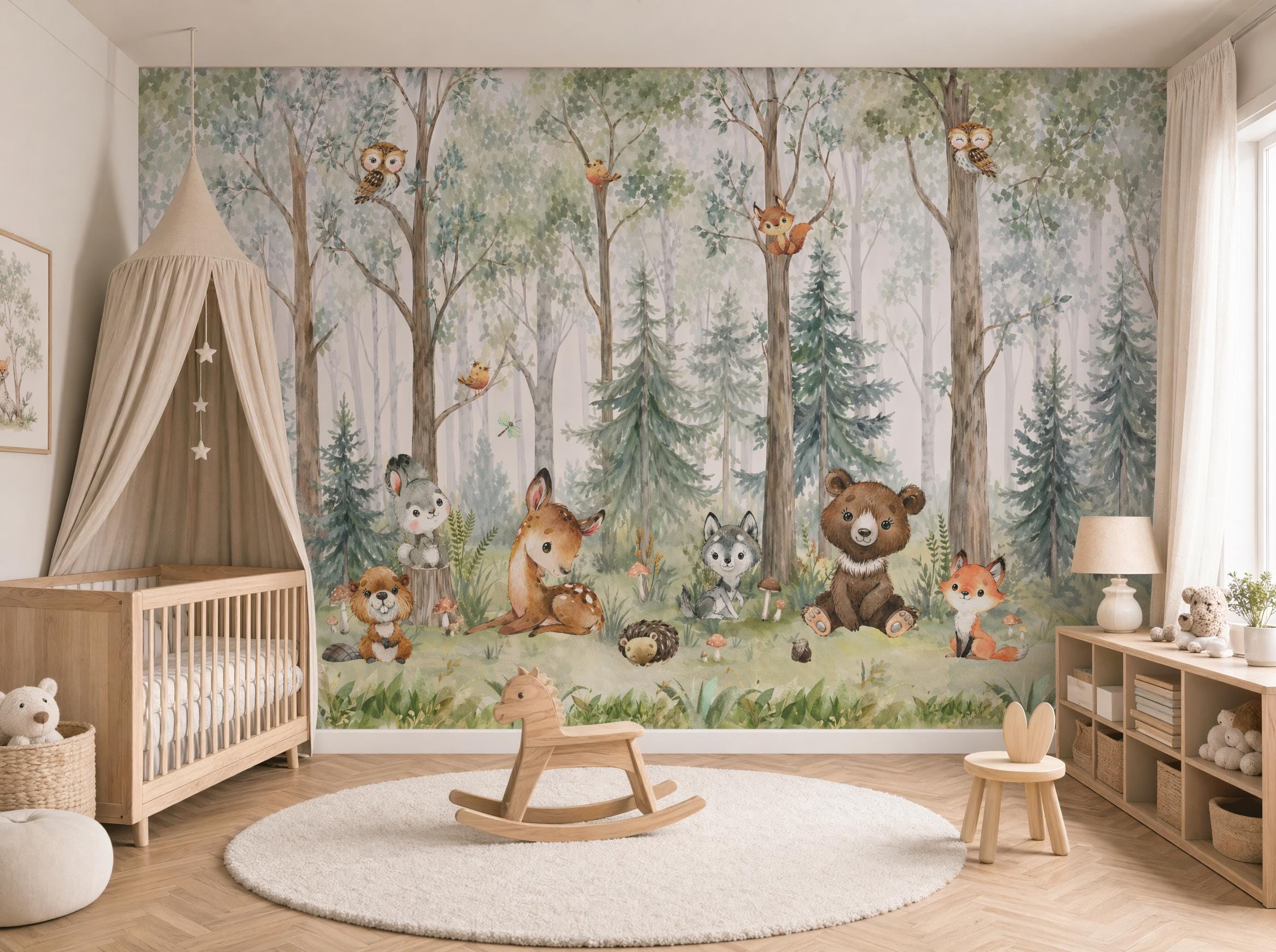 Woodland Animals Nursery Mural – Watercolor Forest Trees, Kids Wall Decor (Peel and Stick)