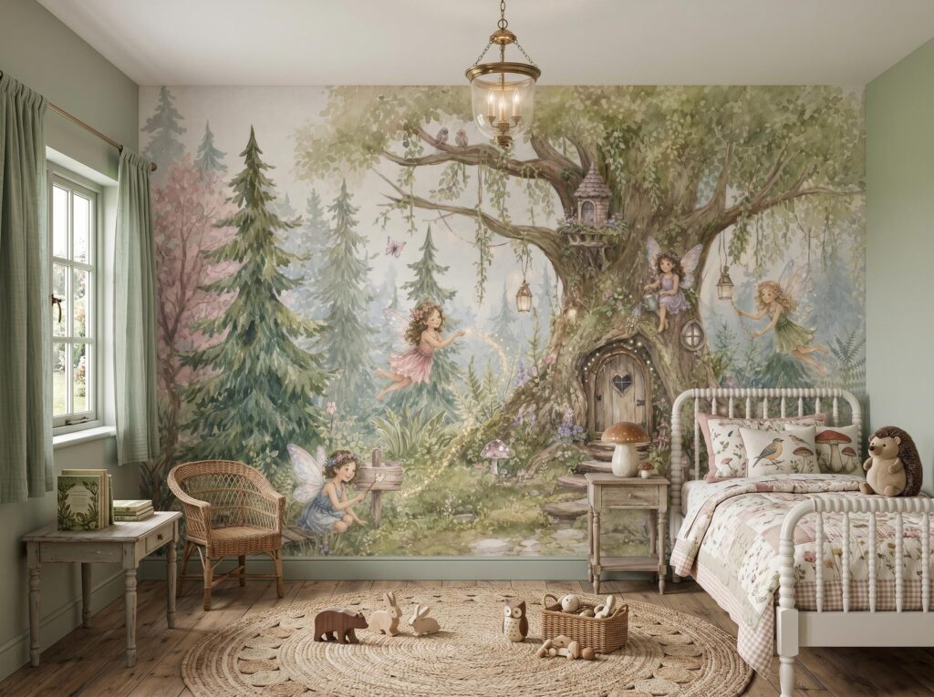 Fairies Enchanted Forest Wall Mural Magical Tree House Peel and Stick Wallpaper Girls Room