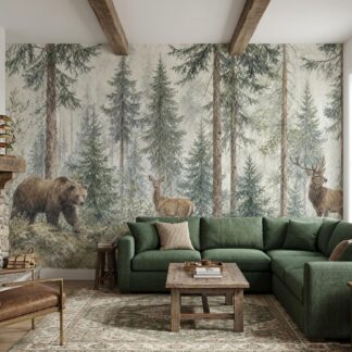 Forest Wall Mural Bear Deer Woodland Animals Pine Wallpaper Nursery Decor Nature Scene Custom