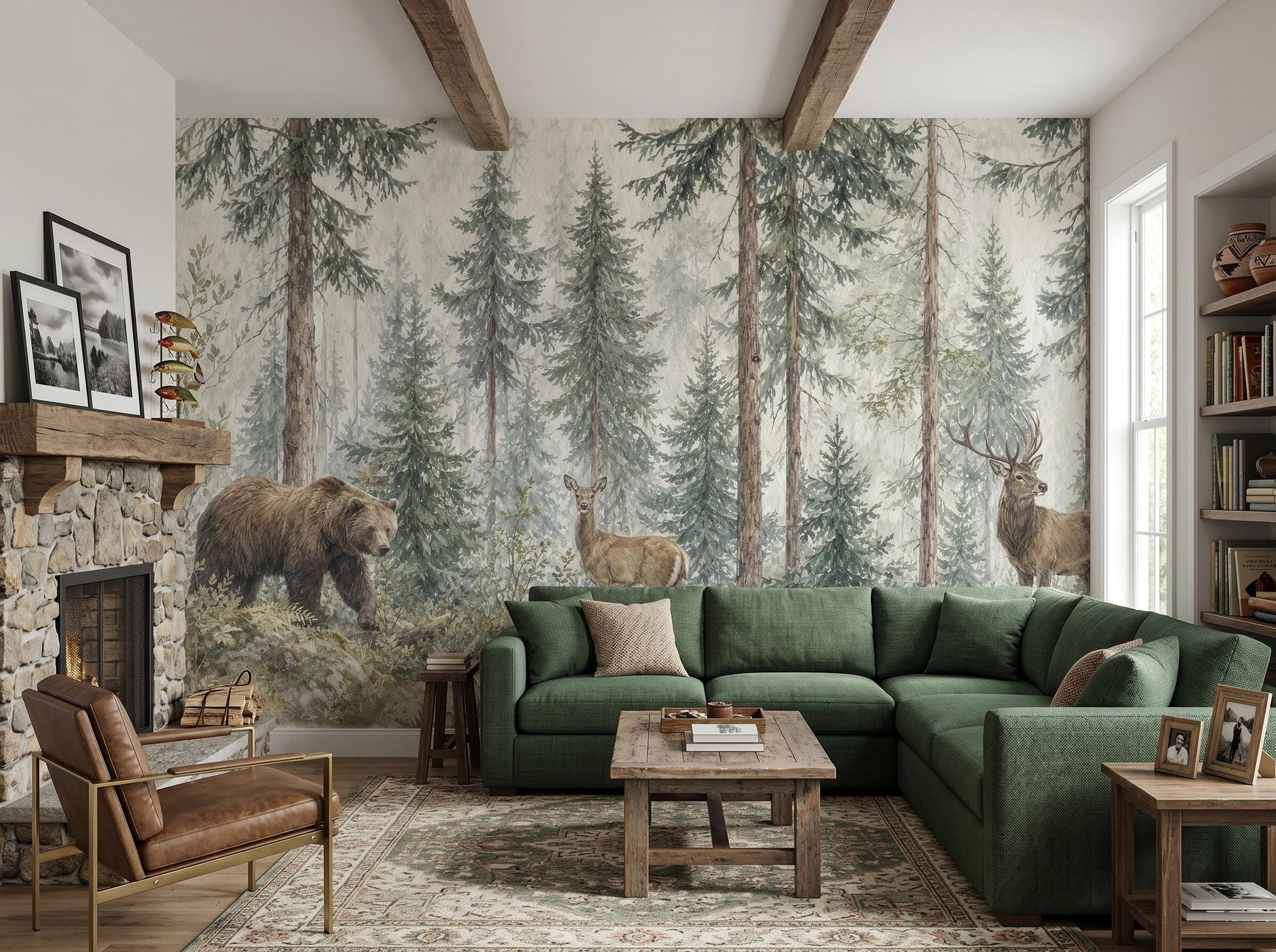 Forest Wall Mural Bear Deer Woodland Animals Pine Wallpaper Nursery Decor Nature Scene Custom