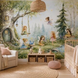 Fairies Enchanted Forest Wall Mural Magical Tree House Peel and Stick Wallpaper Girls Room