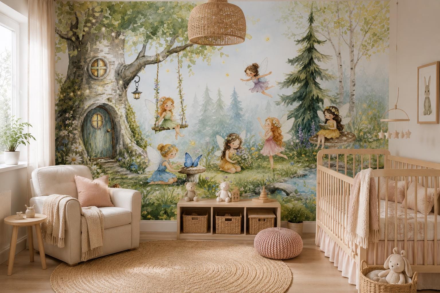 Fairies Enchanted Forest Wall Mural Magical Tree House Peel and Stick Wallpaper Girls Room