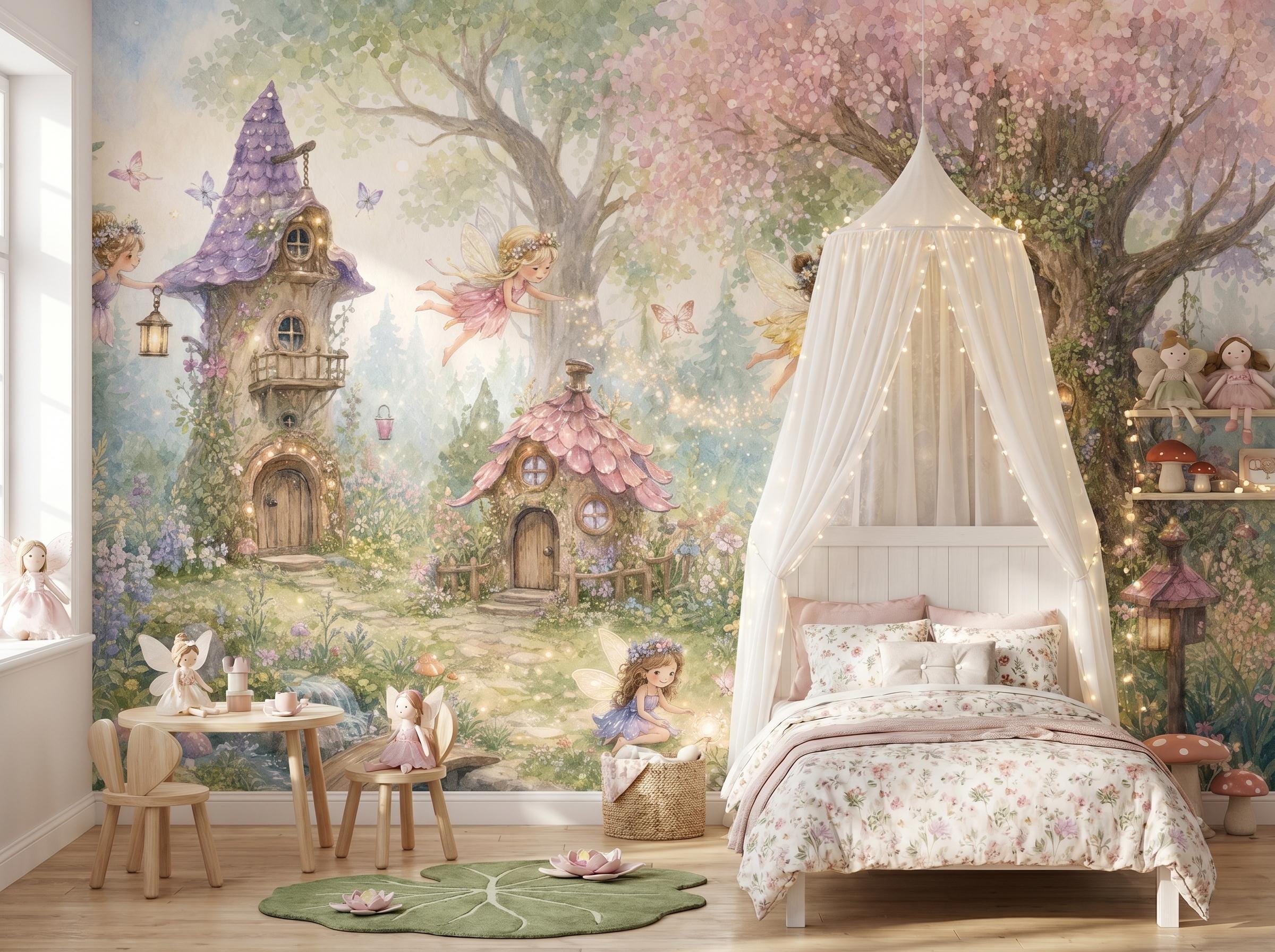 Fairies Enchanted Forest Wall Mural Magical Tree House Peel and Stick Wallpaper Girls Room