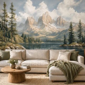 Landscape Wall mural, panoramic wallpaper with mountains and meadows, peel-and-stick forest, rural wallpaper