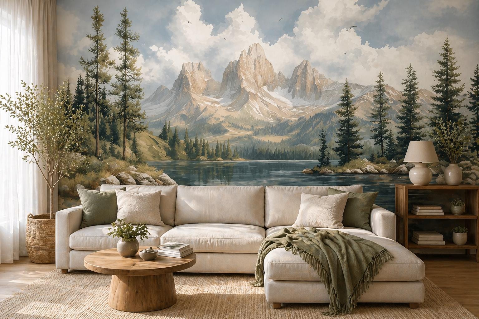 Landscape Wall mural, panoramic wallpaper with mountains and meadows, peel-and-stick forest, rural wallpaper