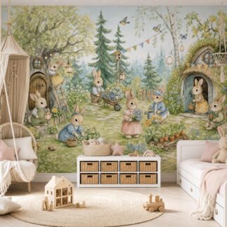Woodland Rabbit Wall Mural for Nursery Forest Cottage Decor Watercolor Bunny Bedroom Custom Wallpaper