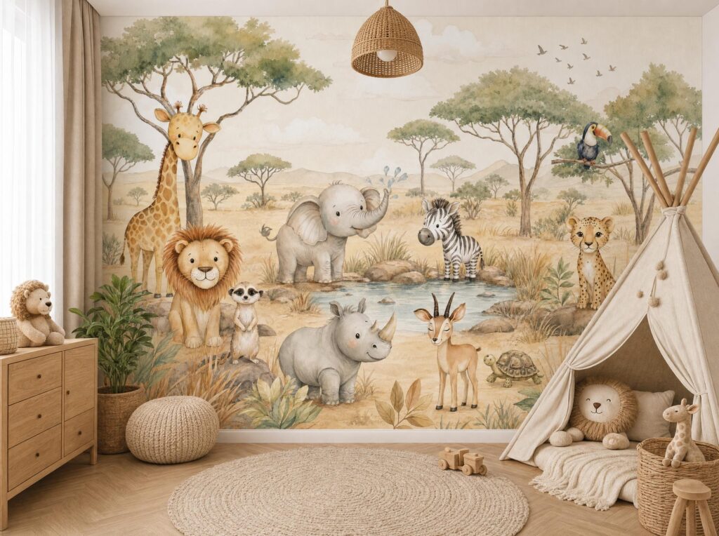 Safari Animal Wallpaper Mural Kids Room Neutral Nursery Wall Decor Custom Peel and Stick