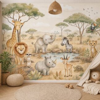 Safari Animal Wallpaper Mural Kids Room Neutral Nursery Wall Decor Custom Peel and Stick