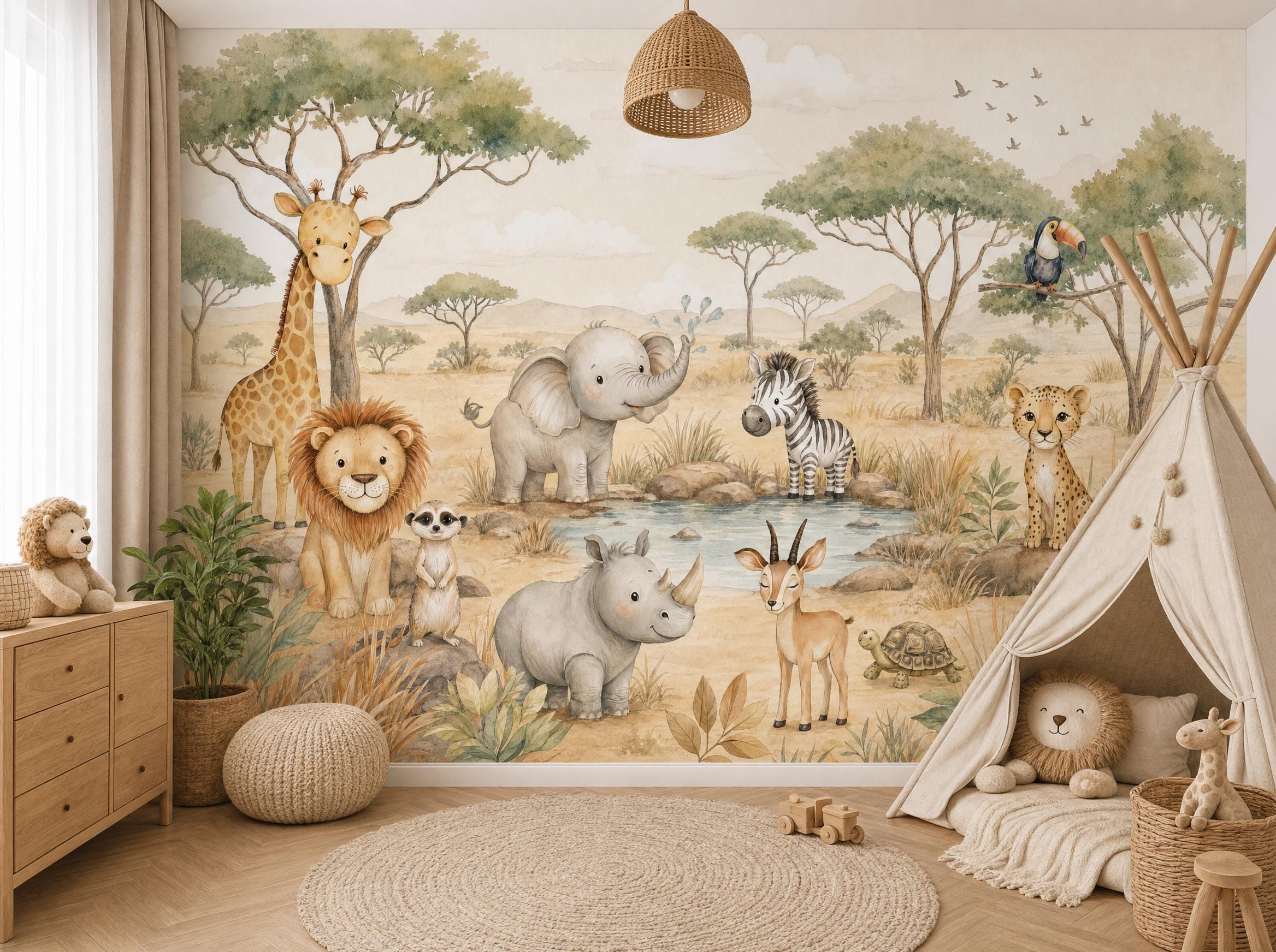 Safari Animal Wallpaper Mural Kids Room Neutral Nursery Wall Decor Custom Peel and Stick