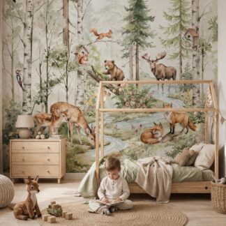 Woodland Animals Wallpaper - Peel and Stick Nursery Mural | Forest Trees, Kids Wall Decor Watercolor custom made