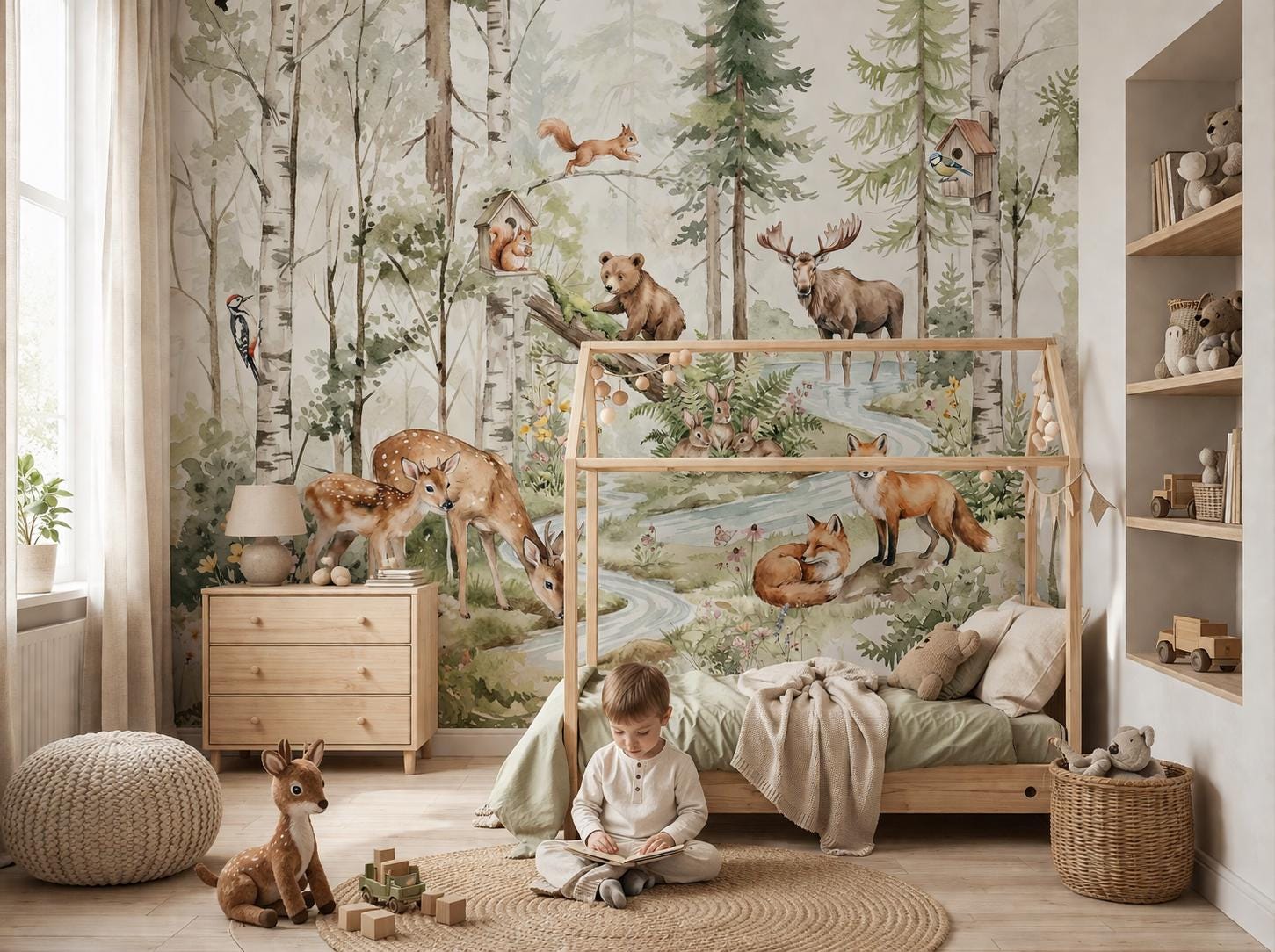 Woodland Animals Wallpaper - Peel and Stick Nursery Mural | Forest Trees, Kids Wall Decor Watercolor custom made
